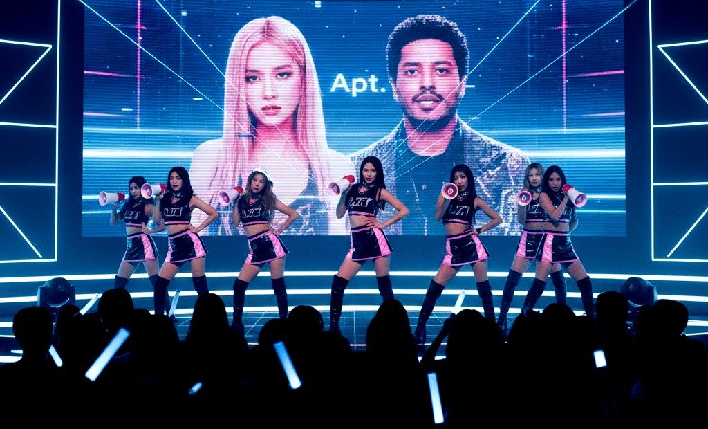 Escenario K-pop retrofuturista con porristas bailando bajo luces neón azul y rosa, pantalla gigante mostrando a Rosé y Bruno Mars cantando Apt.